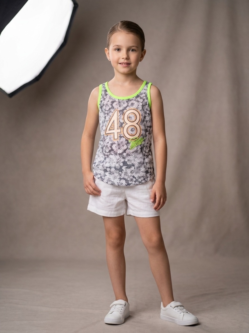 Puma Girls Floral Tank Top with Neon Green Trim and '48' Graphic